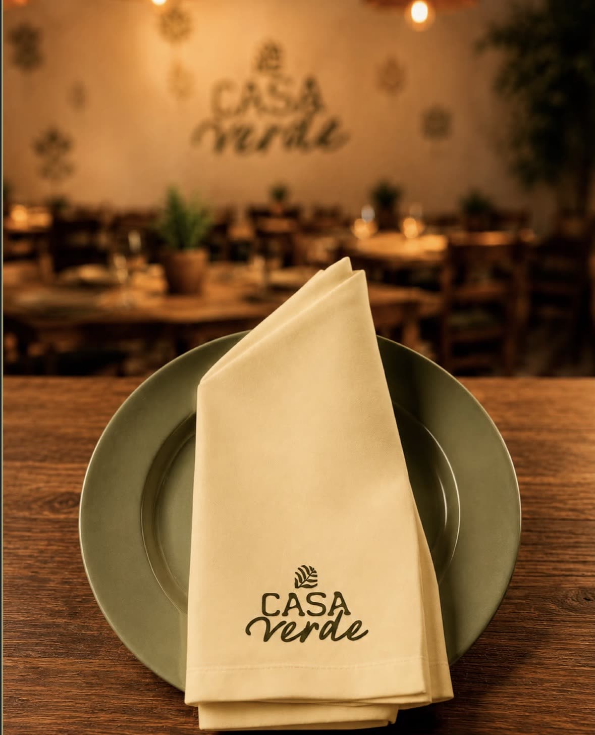 Casa Verde napkin on the table, dining room in the background