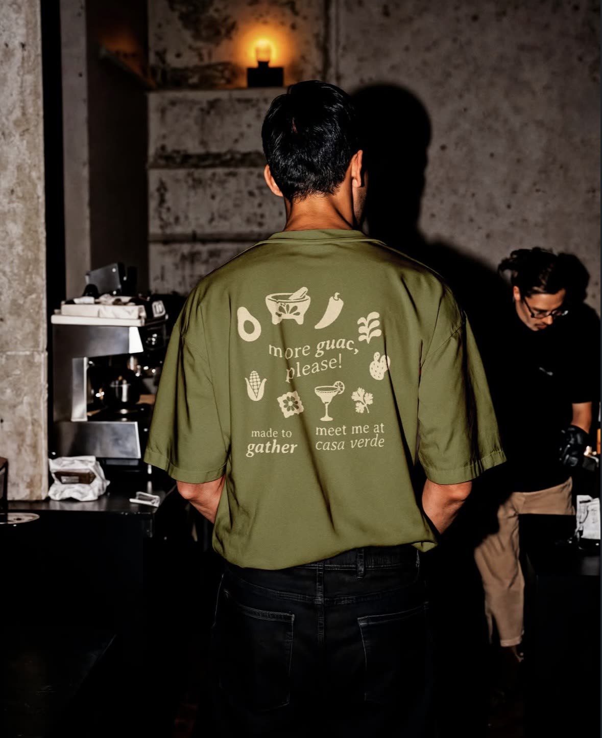 Casa Verde staff shirt reading "meet me at casa verde"